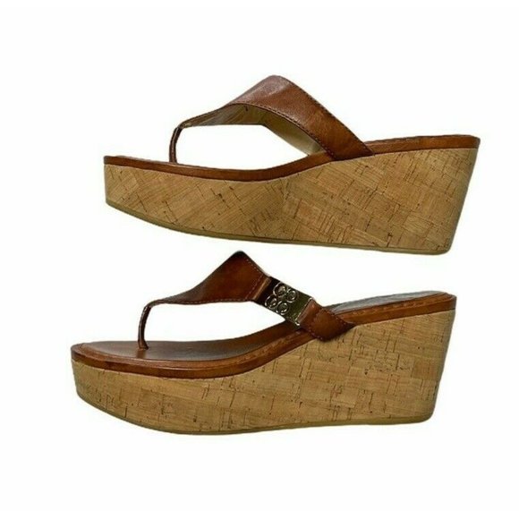 Coach Jan Cork Leather Cork Wedge Sandals Cognac - Picture 6 of 11